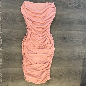 Peach ruched mesh midi dress, with a built in corset.